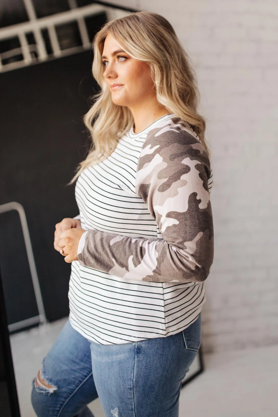 Hazel Blues® | Camo & Stripes Raglan Top
