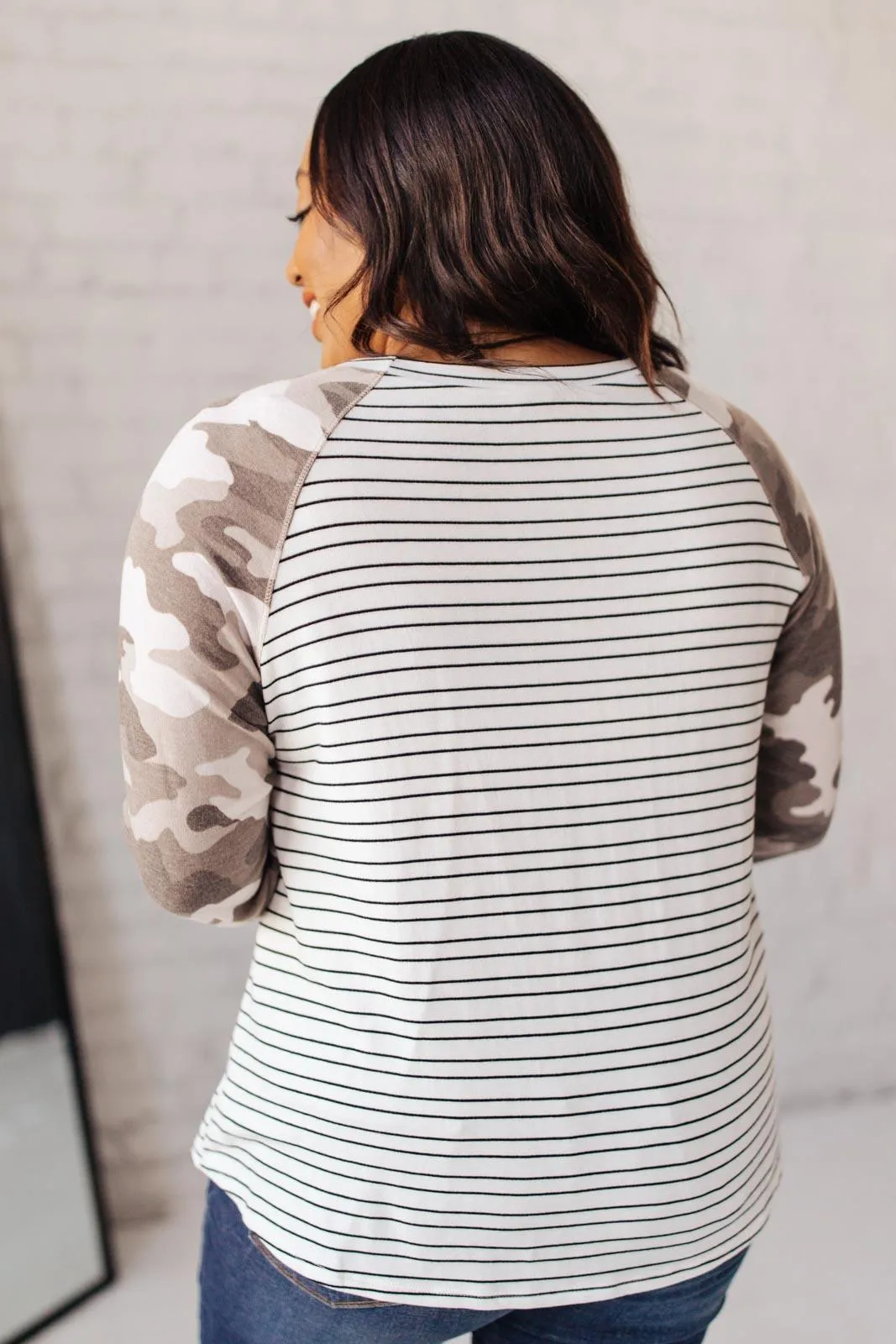 Hazel Blues® | Camo & Stripes Raglan Top