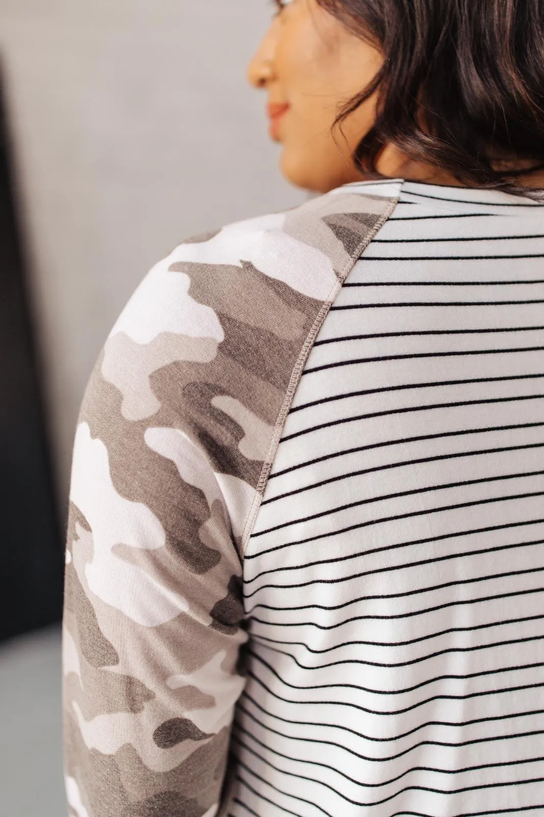 Hazel Blues® | Camo & Stripes Raglan Top