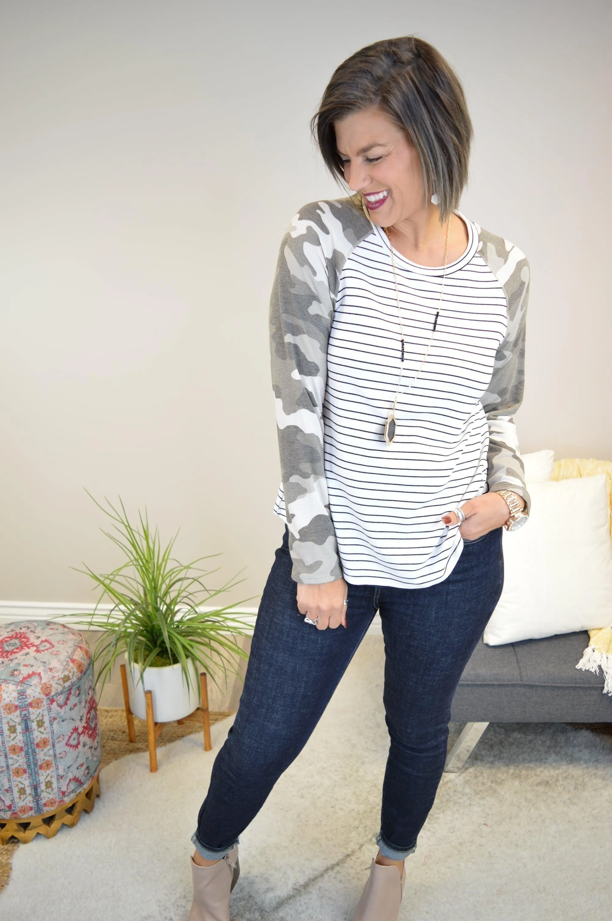 Hazel Blues® | Camo & Stripes Raglan Top