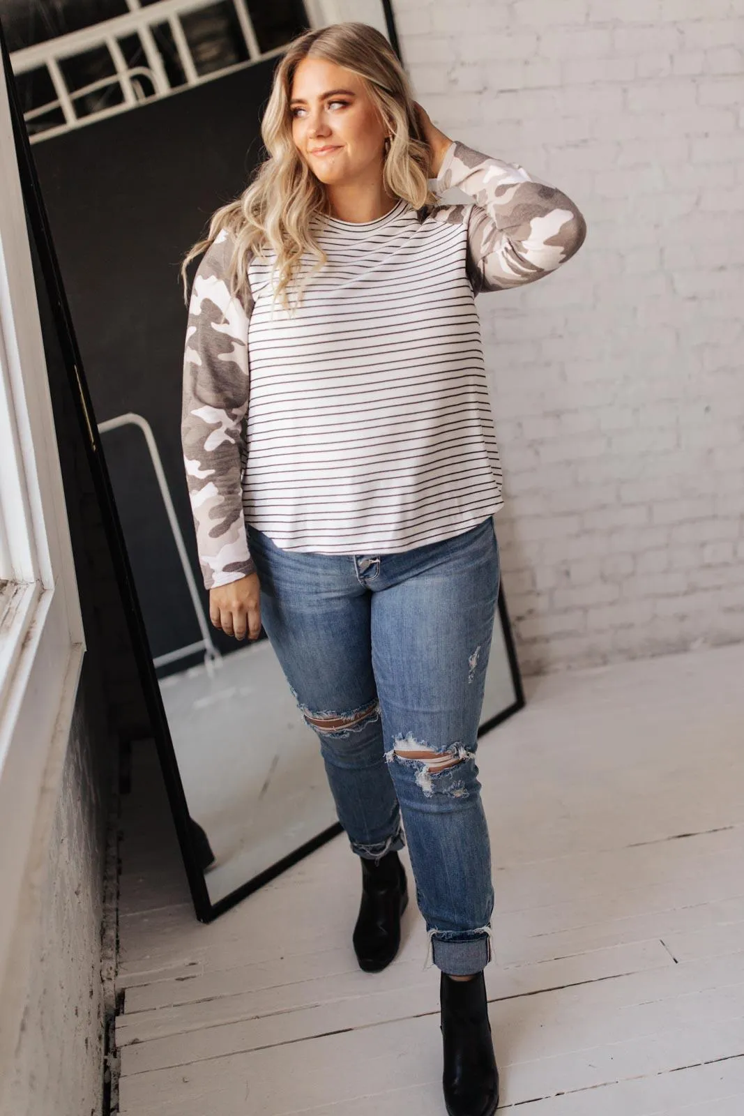 Hazel Blues® | Camo & Stripes Raglan Top