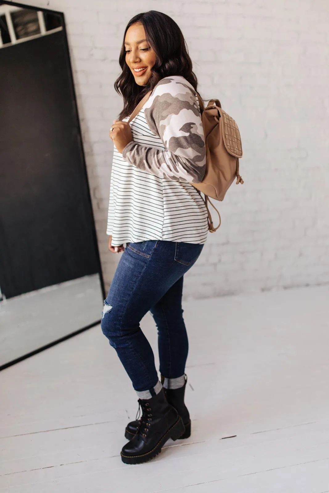 Hazel Blues® | Camo & Stripes Raglan Top