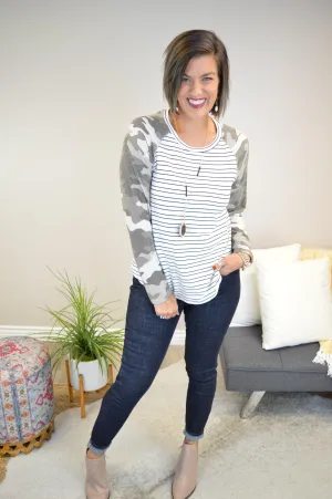 Hazel Blues® | Camo & Stripes Raglan Top