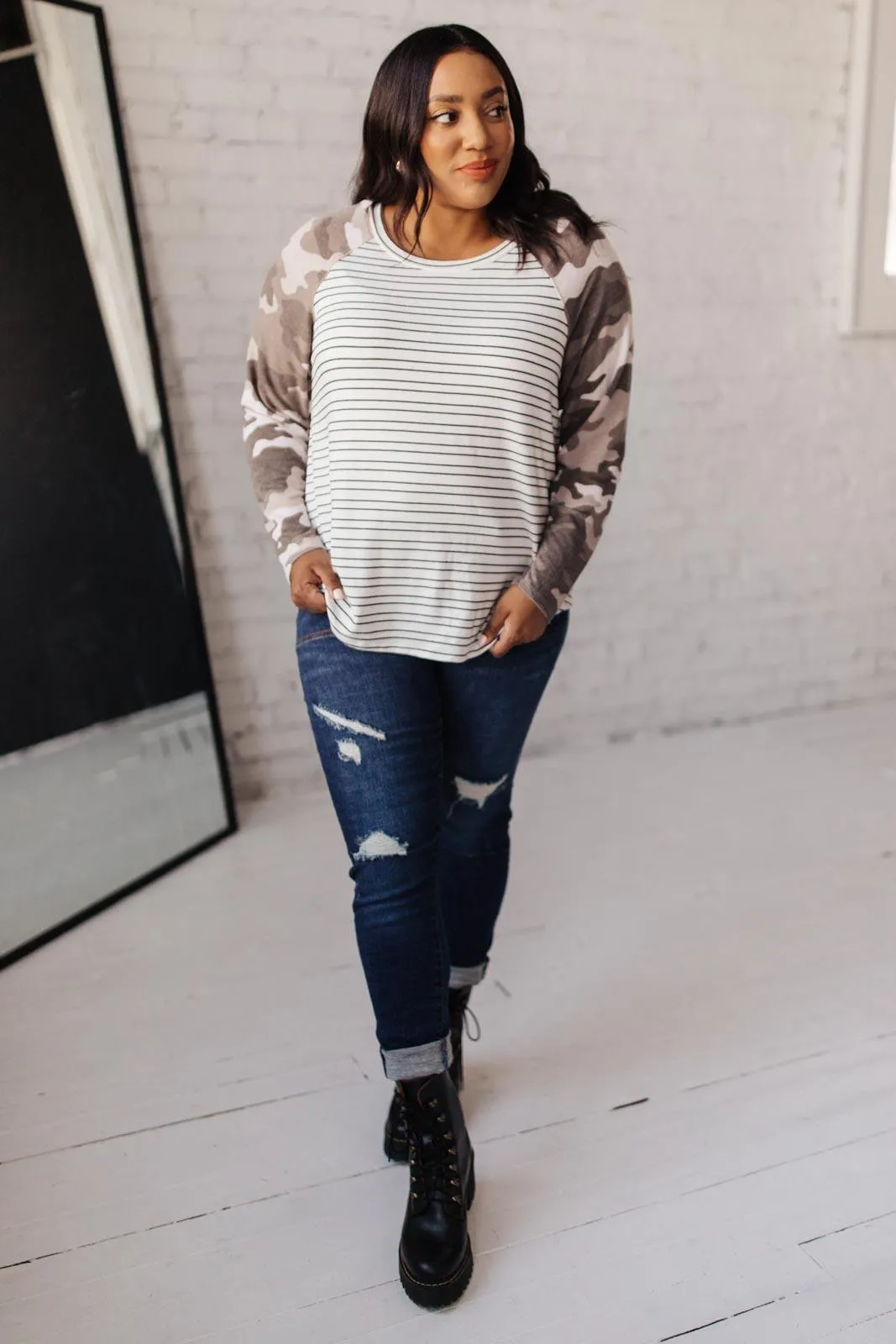 Hazel Blues® | Camo & Stripes Raglan Top