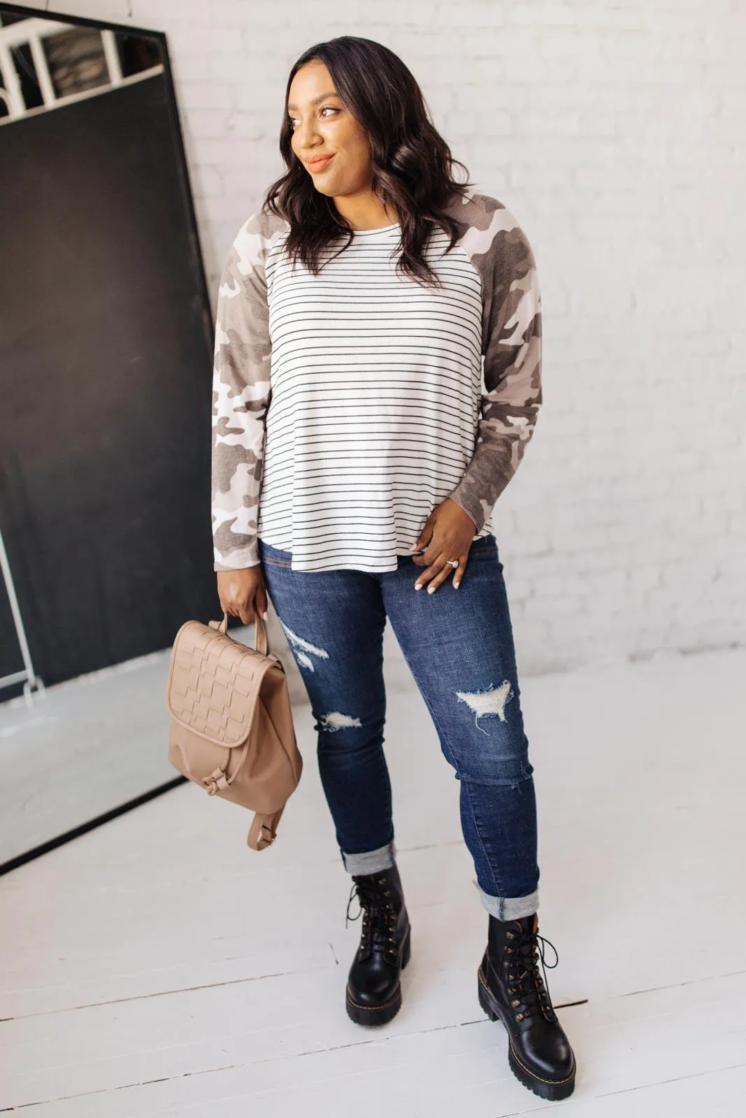 Hazel Blues® | Camo & Stripes Raglan Top
