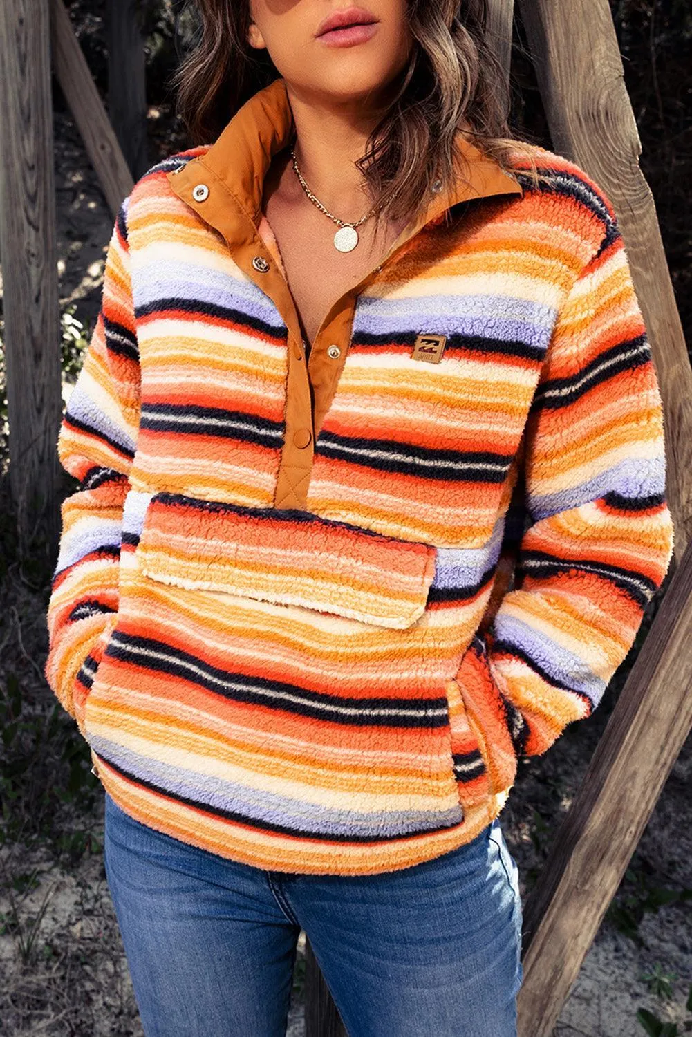 Hazel Blues® | Multicolored Stripe Quarter Snap Fleece Sweatshirt