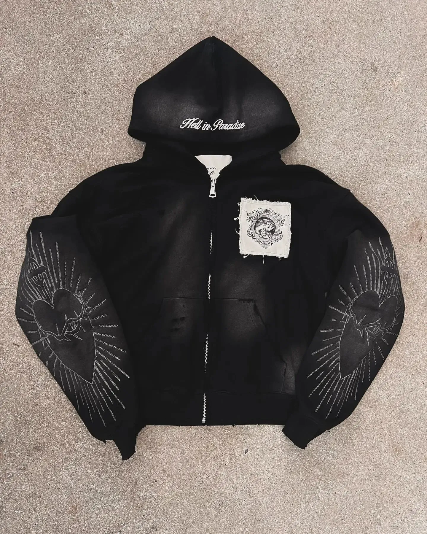 Hell in Paradise Street Retro Gothic Style Zip Up Hoodie Y2k Alphabet Embroidery Patchwork Hoodies Loose Sweatshirt Men Clothing