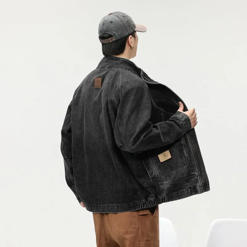 High-Quality Denim Denim Trucker Jacket with Label Detailing