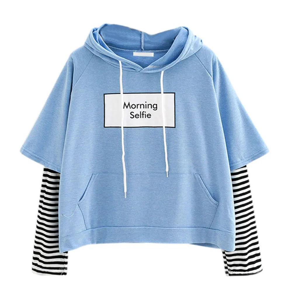 Hoodies Morning selfie moletom Women Striped Patchwork Hoodies Sweatshirts With Front Pocket crop top hoodie I28T Drop Shipping