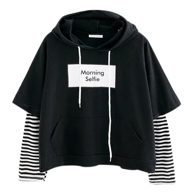 Hoodies Morning selfie moletom Women Striped Patchwork Hoodies Sweatshirts With Front Pocket crop top hoodie I28T Drop Shipping