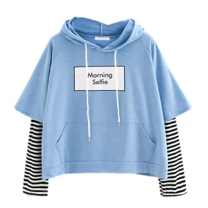 Hoodies Morning selfie moletom Women Striped Patchwork Hoodies Sweatshirts With Front Pocket crop top hoodie I28T Drop Shipping