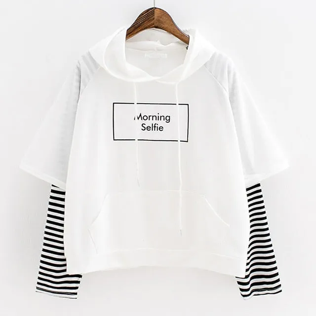 Hoodies Morning selfie moletom Women Striped Patchwork Hoodies Sweatshirts With Front Pocket crop top hoodie I28T Drop Shipping