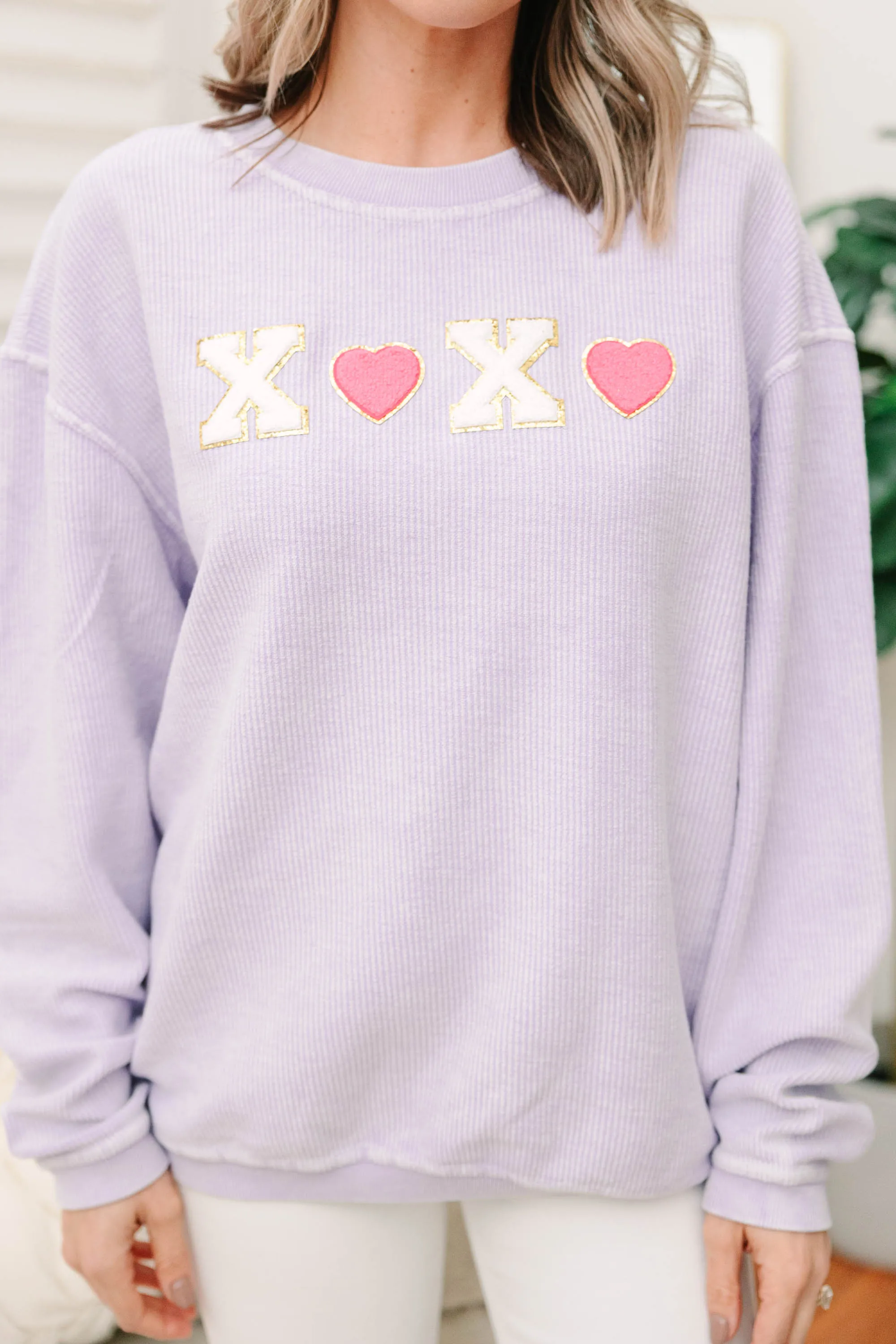 Hugs And Kisses Lilac Purple Varsity Corded Sweatshirt