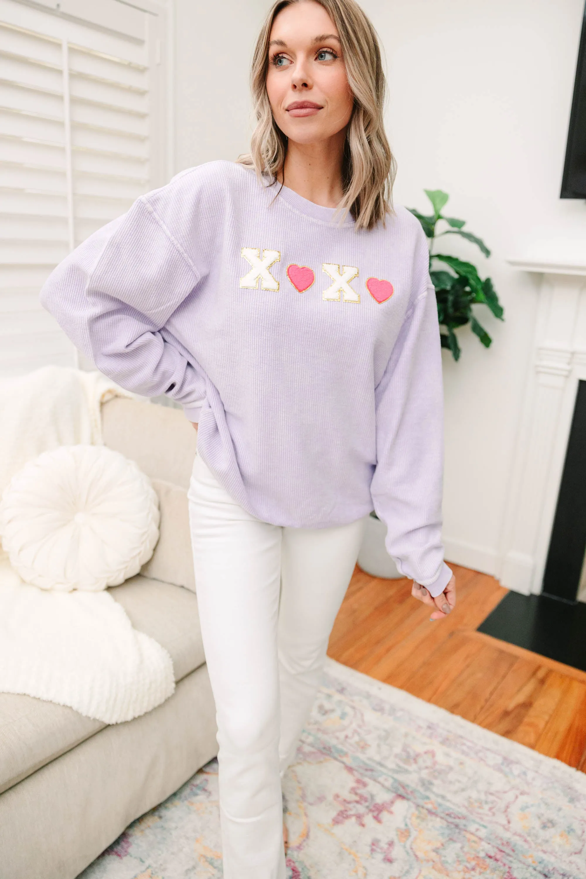 Hugs And Kisses Lilac Purple Varsity Corded Sweatshirt