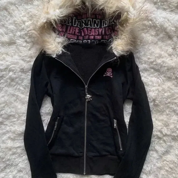 Japanese Harajuku Punk Skull Hoodies Women Fur Patchwork Hooded Tops Y2k Aesthetic Zipper Up Grunge Jackets Gothic Sweatshirts