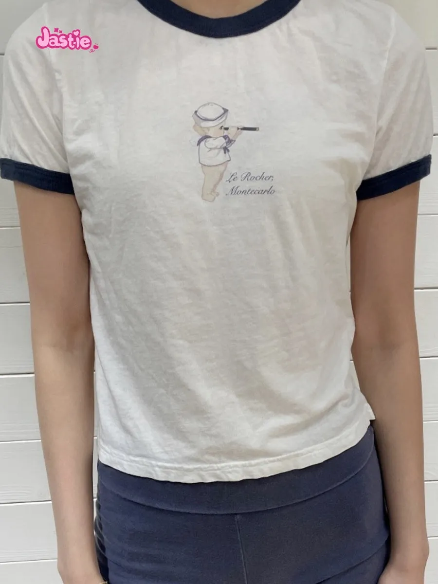 JazzHer Cartoon Print Cotton T-shirts Women Summer Patchwork Round Neck Short Sleeve Y2k T Shirt Female Vintage Streetwear Slim Tops