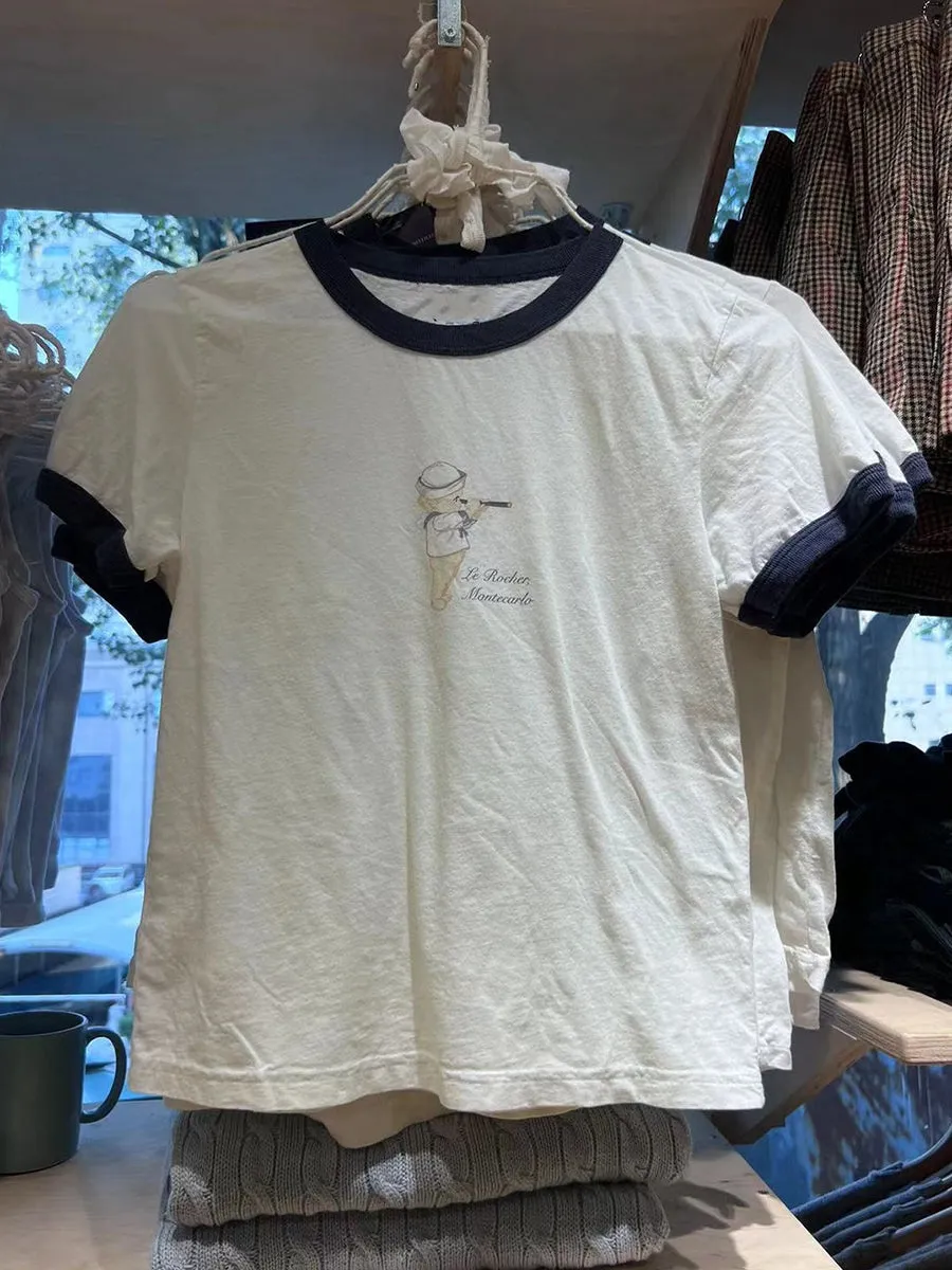 JazzHer Cartoon Print Cotton T-shirts Women Summer Patchwork Round Neck Short Sleeve Y2k T Shirt Female Vintage Streetwear Slim Tops
