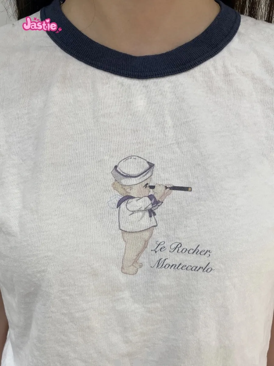 JazzHer Cartoon Print Cotton T-shirts Women Summer Patchwork Round Neck Short Sleeve Y2k T Shirt Female Vintage Streetwear Slim Tops