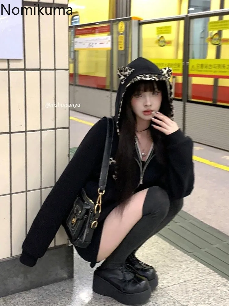 JazzHer Fake Two Hoodies Coat 2025 Women Clothing Patchwork Leopard Print Hooded Sweatshirts Y2k Tops Streetwear Casual Fashion Hoodie