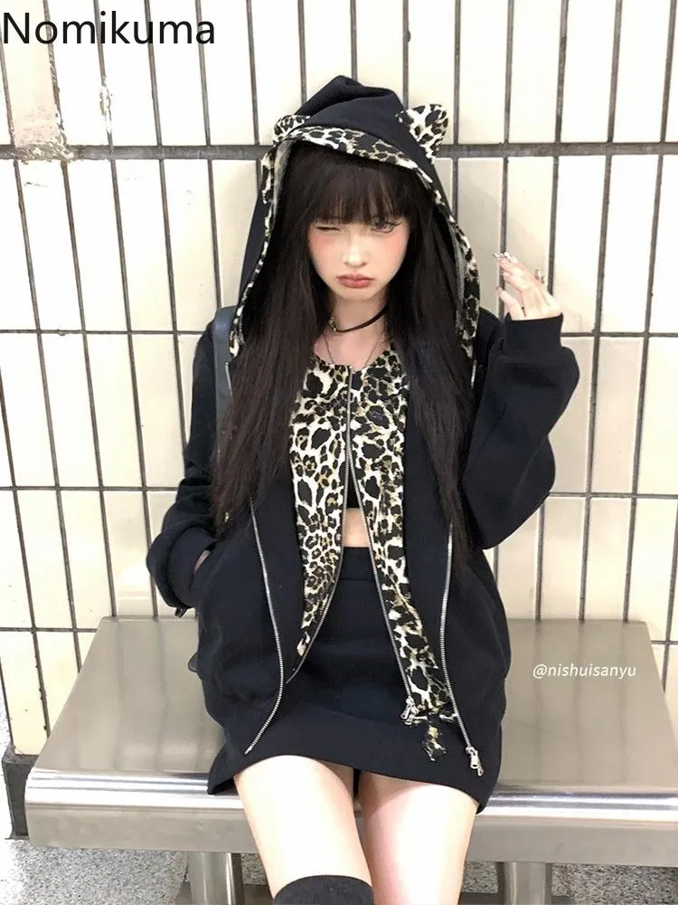 JazzHer Fake Two Hoodies Coat 2025 Women Clothing Patchwork Leopard Print Hooded Sweatshirts Y2k Tops Streetwear Casual Fashion Hoodie
