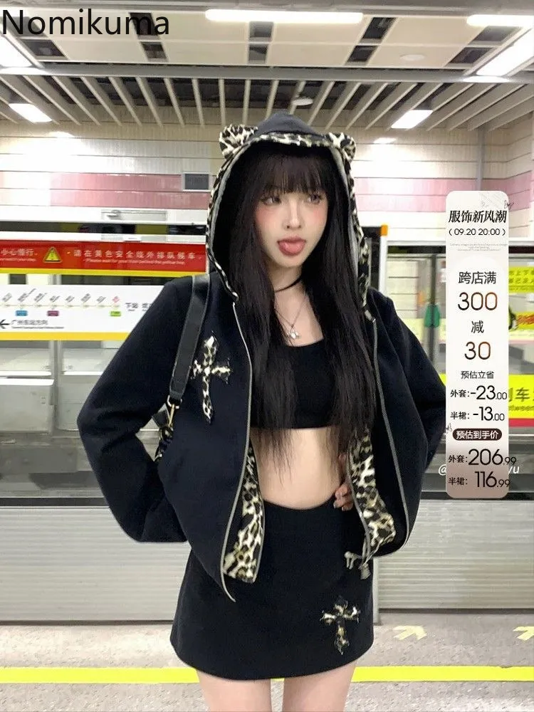 JazzHer Fake Two Hoodies Coat 2025 Women Clothing Patchwork Leopard Print Hooded Sweatshirts Y2k Tops Streetwear Casual Fashion Hoodie