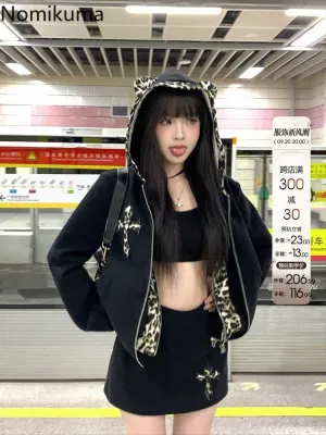 JazzHer Fake Two Hoodies Coat 2025 Women Clothing Patchwork Leopard Print Hooded Sweatshirts Y2k Tops Streetwear Casual Fashion Hoodie