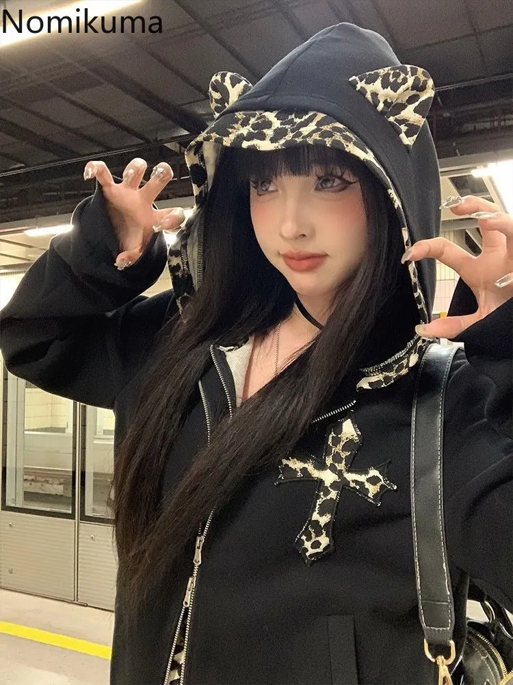 JazzHer Fake Two Hoodies Coat 2025 Women Clothing Patchwork Leopard Print Hooded Sweatshirts Y2k Tops Streetwear Casual Fashion Hoodie