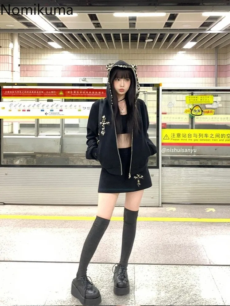 JazzHer Fake Two Hoodies Coat 2025 Women Clothing Patchwork Leopard Print Hooded Sweatshirts Y2k Tops Streetwear Casual Fashion Hoodie