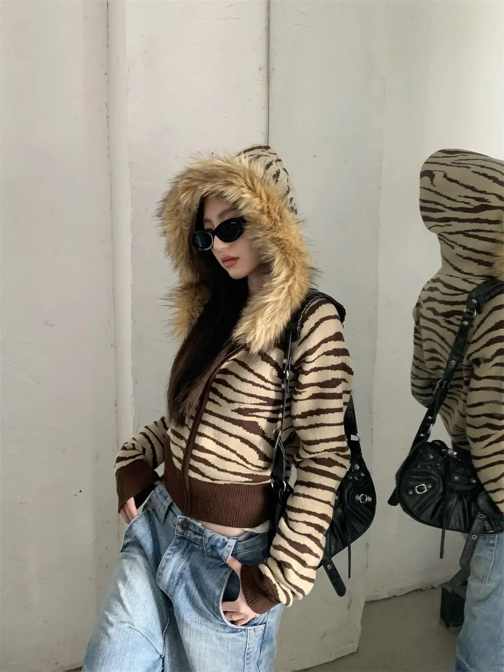 JazzHer Harajuku Zip Up Hoodies Winter Clothes Slim Streetwear Vintage Korea Punk Coats Emo Girl Fox Fur Sweatshirts Y2k Knit Hoodie Top