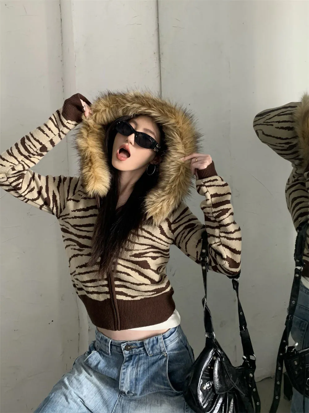 JazzHer Harajuku Zip Up Hoodies Winter Clothes Slim Streetwear Vintage Korea Punk Coats Emo Girl Fox Fur Sweatshirts Y2k Knit Hoodie Top