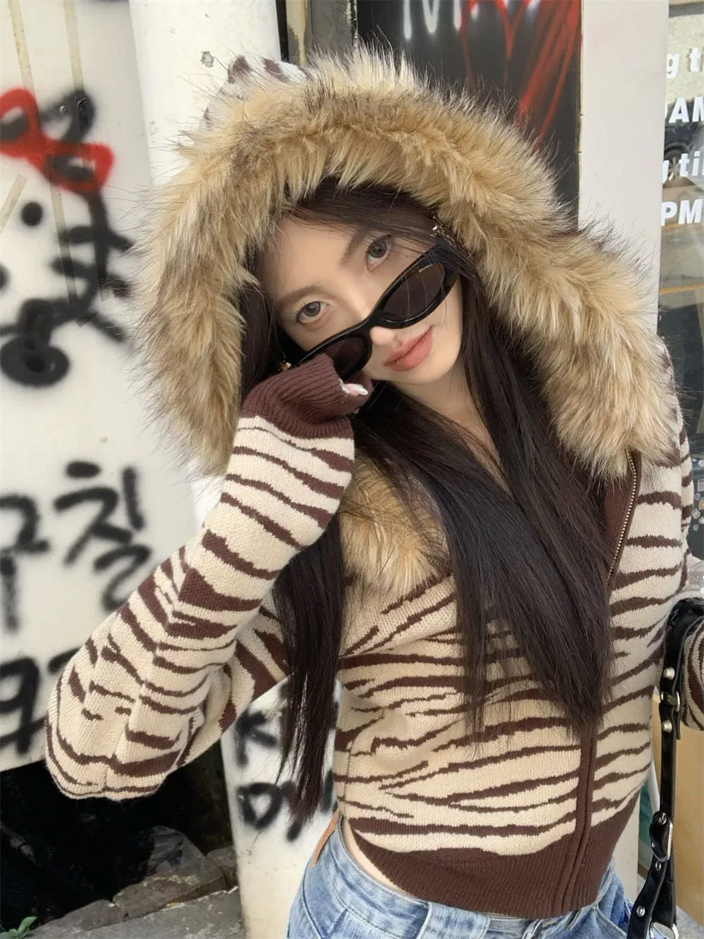 JazzHer Harajuku Zip Up Hoodies Winter Clothes Slim Streetwear Vintage Korea Punk Coats Emo Girl Fox Fur Sweatshirts Y2k Knit Hoodie Top