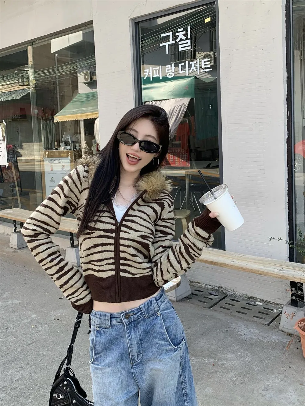 JazzHer Harajuku Zip Up Hoodies Winter Clothes Slim Streetwear Vintage Korea Punk Coats Emo Girl Fox Fur Sweatshirts Y2k Knit Hoodie Top