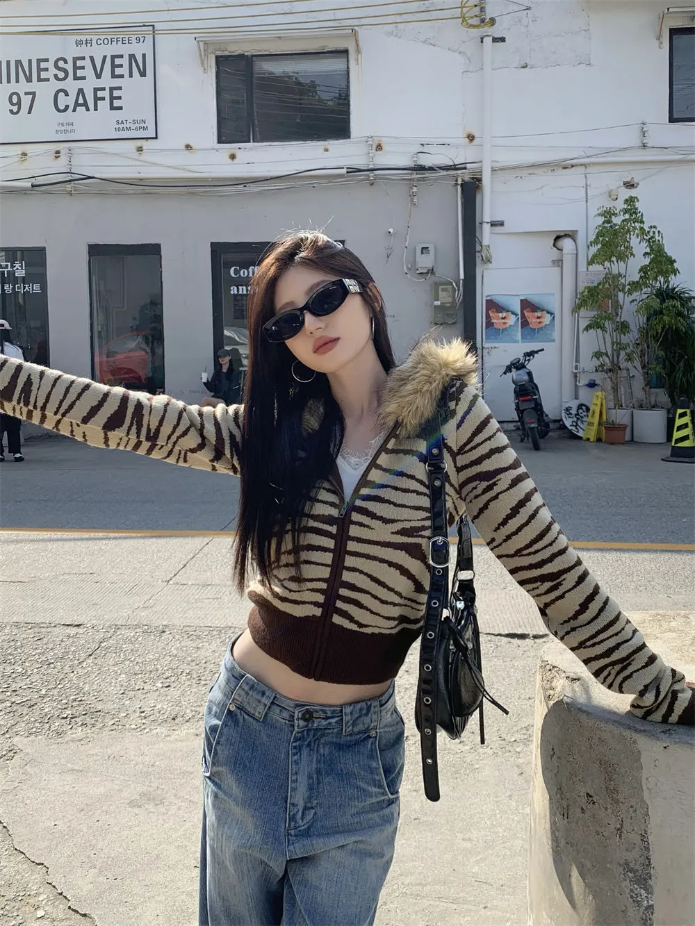 JazzHer Harajuku Zip Up Hoodies Winter Clothes Slim Streetwear Vintage Korea Punk Coats Emo Girl Fox Fur Sweatshirts Y2k Knit Hoodie Top