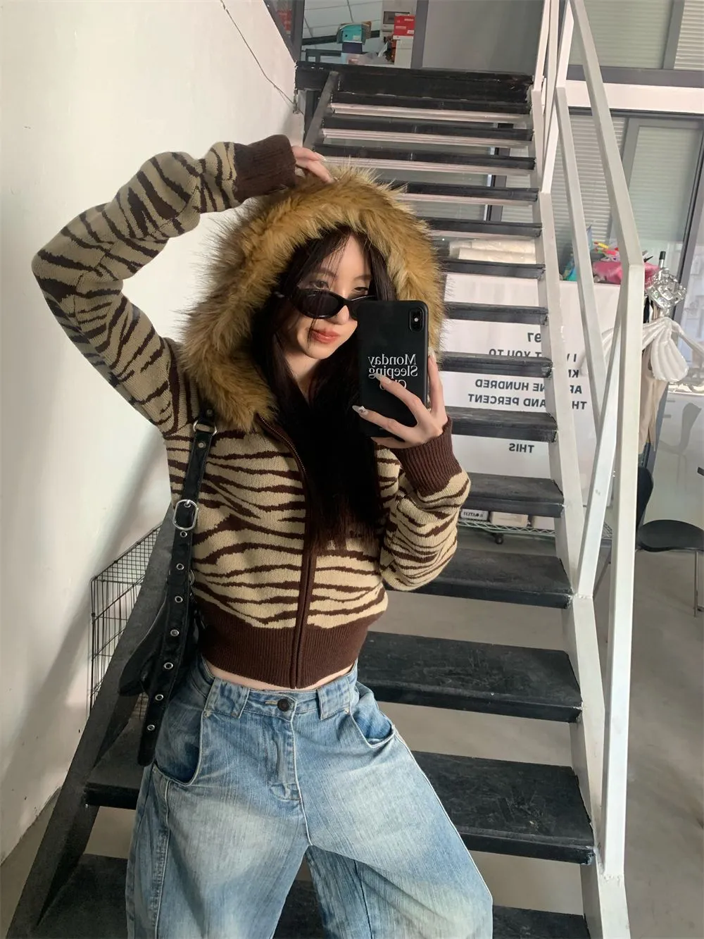 JazzHer Harajuku Zip Up Hoodies Winter Clothes Slim Streetwear Vintage Korea Punk Coats Emo Girl Fox Fur Sweatshirts Y2k Knit Hoodie Top