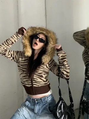 JazzHer Harajuku Zip Up Hoodies Winter Clothes Slim Streetwear Vintage Korea Punk Coats Emo Girl Fox Fur Sweatshirts Y2k Knit Hoodie Top