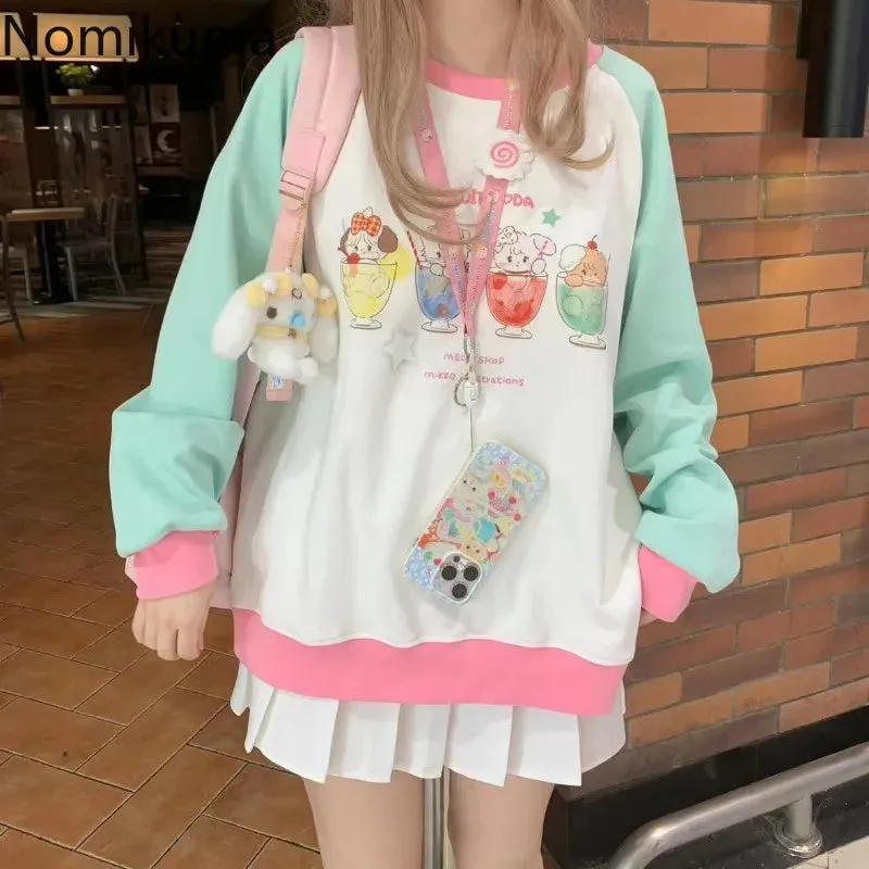 JazzHer Japanese Anime Hoodie Women Long Sleeve O-neck Oversized Tops Ropa Mujer Casual Fashion Cute Y2k Sweatshirt Clothes for Teens