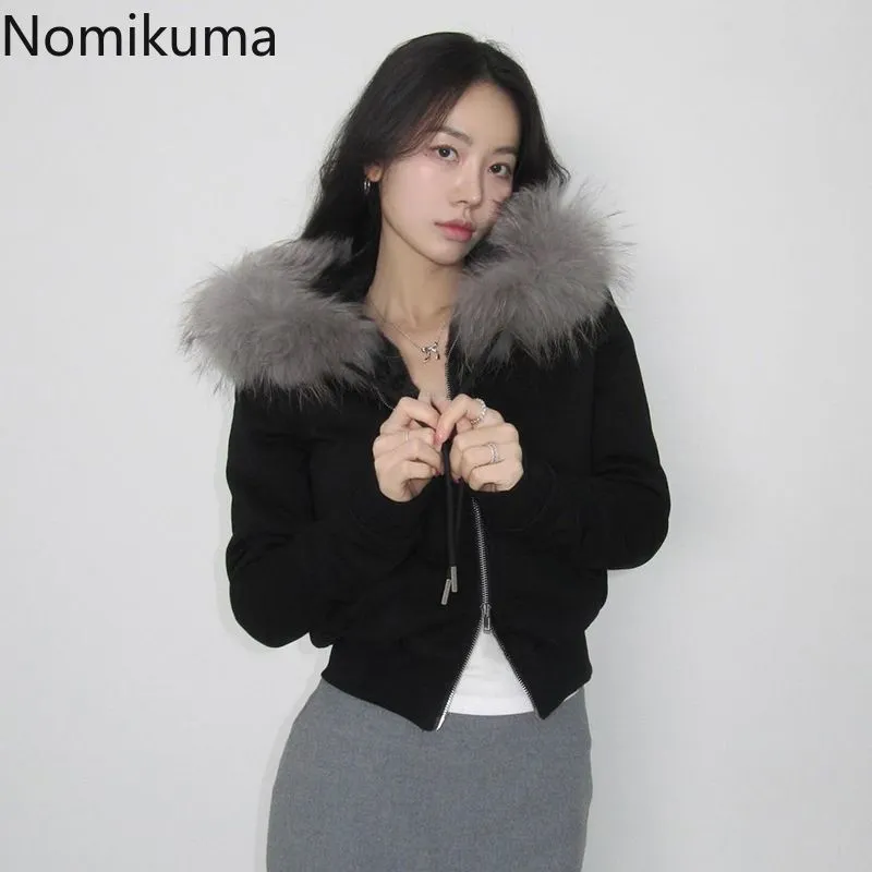 JazzHer Patchwork Furry Hooded Sweatshirt for Women Y2k Tops Streetwear Casual Hoodies 2025 Ropa Mujer Casual Fashion Zipper Crop Hoodie