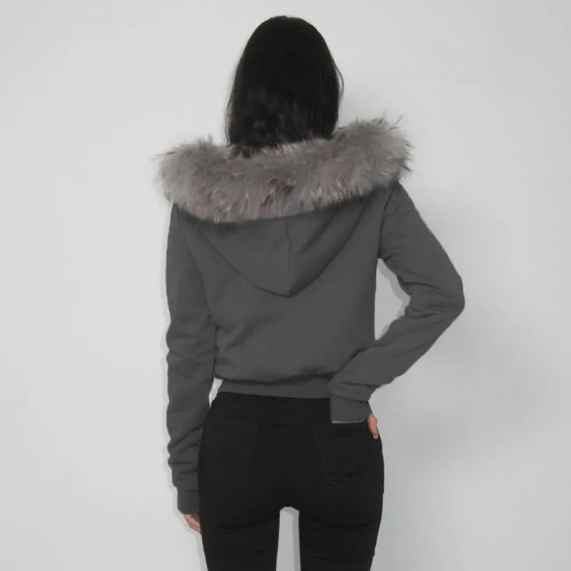 JazzHer Patchwork Furry Hooded Sweatshirt for Women Y2k Tops Streetwear Casual Hoodies 2025 Ropa Mujer Casual Fashion Zipper Crop Hoodie