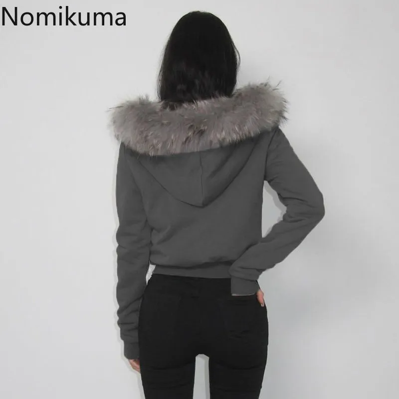 JazzHer Patchwork Furry Hooded Sweatshirt for Women Y2k Tops Streetwear Casual Hoodies 2025 Ropa Mujer Casual Fashion Zipper Crop Hoodie