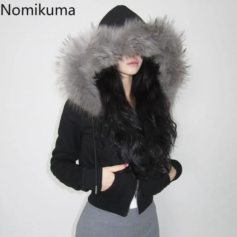 JazzHer Patchwork Furry Hooded Sweatshirt for Women Y2k Tops Streetwear Casual Hoodies 2025 Ropa Mujer Casual Fashion Zipper Crop Hoodie