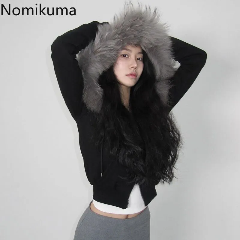 JazzHer Patchwork Furry Hooded Sweatshirt for Women Y2k Tops Streetwear Casual Hoodies 2025 Ropa Mujer Casual Fashion Zipper Crop Hoodie