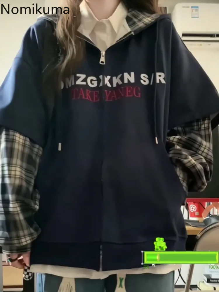 JazzHer Patchwork Plaid Hoodies 2025 Women's Clothing Streetwear Fashion Sweatshirts Y2k Tops Thicked Hooded Casual Oversized Hoodie