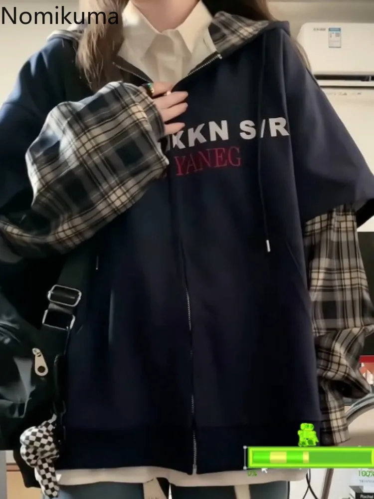 JazzHer Patchwork Plaid Hoodies 2025 Women's Clothing Streetwear Fashion Sweatshirts Y2k Tops Thicked Hooded Casual Oversized Hoodie