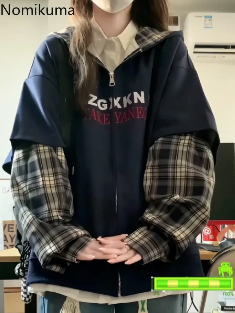 JazzHer Patchwork Plaid Hoodies 2025 Women's Clothing Streetwear Fashion Sweatshirts Y2k Tops Thicked Hooded Casual Oversized Hoodie