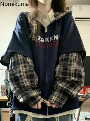 JazzHer Patchwork Plaid Hoodies 2025 Women's Clothing Streetwear Fashion Sweatshirts Y2k Tops Thicked Hooded Casual Oversized Hoodie