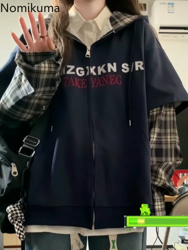JazzHer Patchwork Plaid Hoodies 2025 Women's Clothing Streetwear Fashion Sweatshirts Y2k Tops Thicked Hooded Casual Oversized Hoodie
