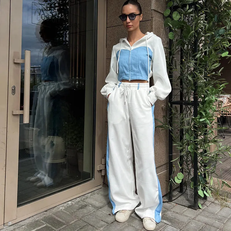 JazzHer Women's Hoodies Crop Top Wide Leg Pants Suits Y2K Pacthwork Zipper Lady Sweatshirt Autumn Fashion Korean Sportswear Streetwear