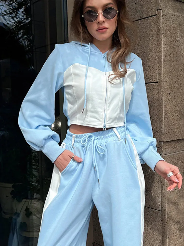 JazzHer Women's Hoodies Crop Top Wide Leg Pants Suits Y2K Pacthwork Zipper Lady Sweatshirt Autumn Fashion Korean Sportswear Streetwear