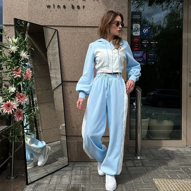 JazzHer Women's Hoodies Crop Top Wide Leg Pants Suits Y2K Pacthwork Zipper Lady Sweatshirt Autumn Fashion Korean Sportswear Streetwear