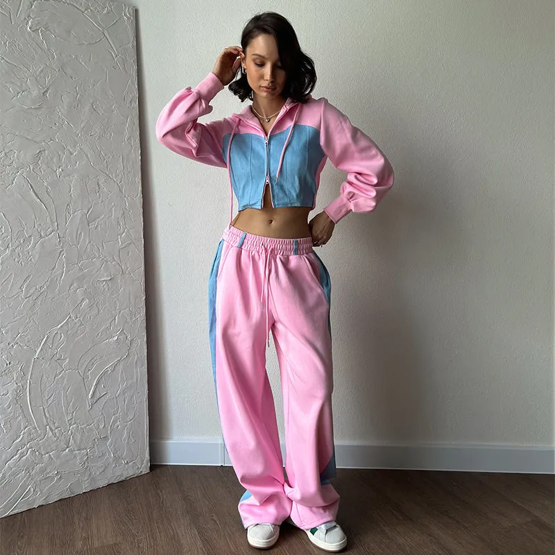 JazzHer Women's Hoodies Crop Top Wide Leg Pants Suits Y2K Pacthwork Zipper Lady Sweatshirt Autumn Fashion Korean Sportswear Streetwear